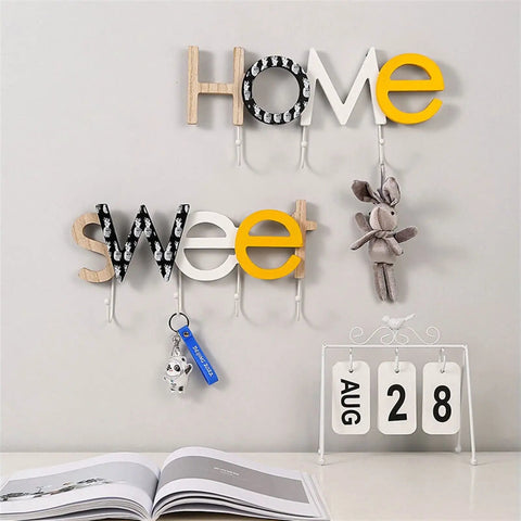 Rustic Wall Mounted Coat Hooks Solid Pine Wood Distressed Finish with decorative letters HOME SWEET for keys and decor.