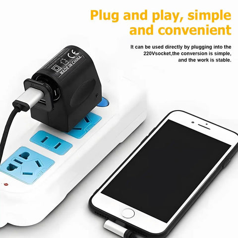 Universal AC To DC Car Power Converter For Cigarette Lighter Socket With 12V Vehicle Transformer and Wall Plug Adapter For Auto Electronics, used with power strip and phone.
