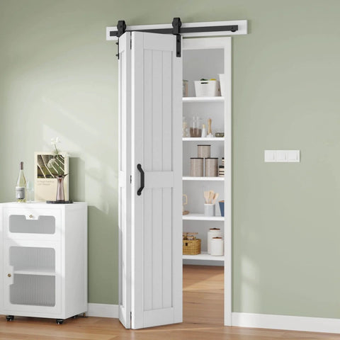 Double Bi Fold Barn Doors 42 By 84 Inches White With Hardware Track Kit Included installed in home interior