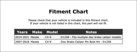 Fitment chart for Mazda CX 9 Front Disc Brake Caliper Pin Boot Kit Replacement 2007 Through 2021 OE Quality Upgrade.