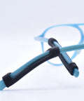 Gecko Grip Temple Tip Sleeves For Glasses Two Black Pairs 49mm Length And 7mm Width USA Made, shown on blue eyeglass arms