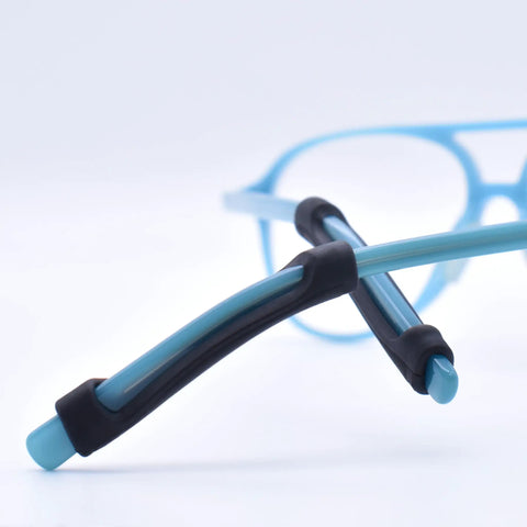 Gecko Grip Temple Tip Sleeves For Glasses Two Black Pairs 49mm Length And 7mm Width USA Made, shown on blue eyeglass arms