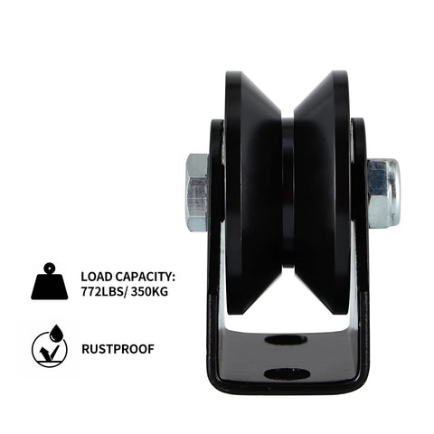 Front view of Four Pack V Groove Caster Two Point Five Inch Wheel Sliding Gate Wheel Rigid Caster For Rolling Gates And Fences Sawmill Use Heavy Duty Seven Hundred Seventy Two Pound Load Capacity Per Caster Ideal For Heavy Use In Outdoor Environments And Shop