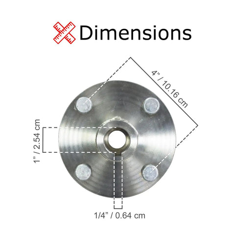 Premium 4X4 Go Kart Live Axle Hubs 2 Pack showing dimensions: 4 inch diameter, 1 inch shaft, 1/4 inch keyway for compatibility.