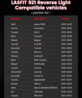 Chart of car models compatible with Ultra Bright 921 912 LED Back Up Light Bulbs, including GMC, Toyota, Nissan from 2008 to 2025