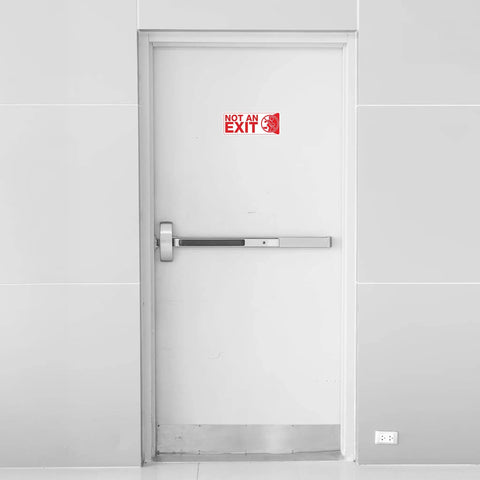 White door with Not an Exit Sign Sticker Pack, 6 Pack, 10 By 4 Inch Self Adhesive Vinyl Decals, UV Resistant, Waterproof
