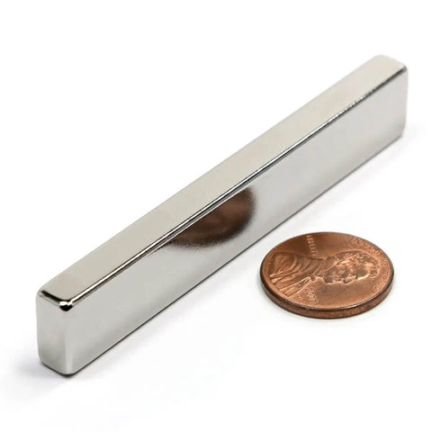 Neodymium Bar Magnet N45 3 By One Half By One Quarter Inch With 3M Foam Adhesive Seriously Strong beside a penny for scale