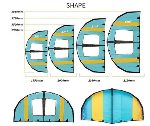 Inflatable Wing Surfing Gear For Windsurfing And Kitesurfing With Window Handheld Surf Wing showing 3m to 6m size options