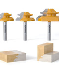 Pro Grade 3 Piece Lock Miter Router Bit Set Delivers Smooth 45 Degree Cuts With A Rugged 1/4 Inch Shank And Premium Carbide Blades, showing bits and wood joints.
