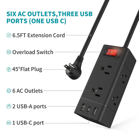 2 Pack Surge Protector Power Strip With USB C And USB A Ports, 6 Outlets, 3 USB Ports, 6.5 Foot Flat Extension Cord, wall mountable