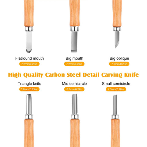 All In One 26 In 1 Wood Carving Kit With Detail Carving Knife Whittling Knife Wood Chisels Gloves Sharpener showing blade types