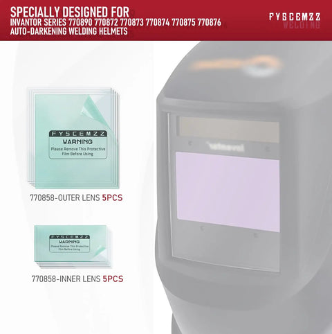 10 Pack Replacement Welding Helmet Clear Lens Kit 770858 Inner And Outer Protective Lenses For Auto Darkening Welding Helmets Compatible With 770874 770872 Inveator Series shown with 5 inner and 5 outer lenses