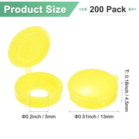 200 Pack Plastic Hinged Screw Cover Caps with size details, yellow, durable plastic, for M3 M4 M5 fasteners indoors or out.
