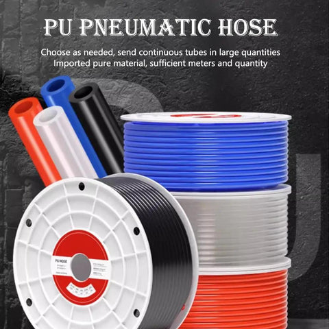 Multiple rolls of PU pneumatic hose in various colors.