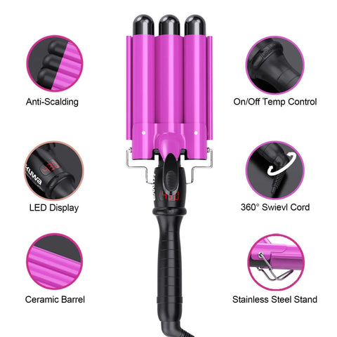 Triple Barrel 1 Inch Curling Iron for Beachy Waves with LED display and 360° swivel cord features