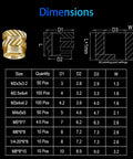 Dimensions chart for 60W Digital Soldering Iron With Complete Heat Set Insert Kit 370 Threaded Inserts For 3D Printing M2 M2.5 M3 M4 M5 M6 Female Thread Nuts And Knurled Nuts Precise Temperature Control For Pro Grade DIY Friendly Quick Installations. Diagram shows sizes and quantities of inserts.