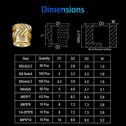 Dimensions chart for 60W Digital Soldering Iron With Complete Heat Set Insert Kit 370 Threaded Inserts For 3D Printing M2 M2.5 M3 M4 M5 M6 Female Thread Nuts And Knurled Nuts Precise Temperature Control For Pro Grade DIY Friendly Quick Installations. Diagram shows sizes and quantities of inserts.