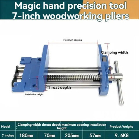 7-inch bench vise with labeled dimensions and blue steel construction for precise woodworking tasks.