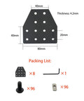 8 Sets T Shape Joint Plate Connectors Corner Brackets For 2040 Aluminum Extrusion Includes M5 T Nuts Screws Wrench Black showing dimensions and packing list.