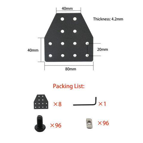 8 Sets T Shape Joint Plate Connectors Corner Brackets For 2040 Aluminum Extrusion Includes M5 T Nuts Screws Wrench Black showing dimensions and packing list.