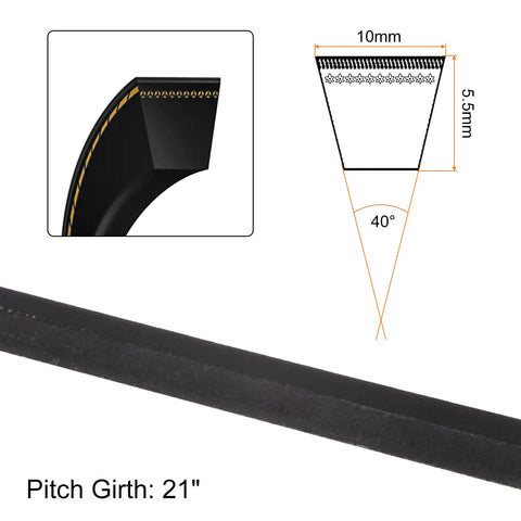 Close-up of 2 Pack M-21 Rubber V Drive Belt showing tapered design, 21 inch pitch and 10 mm width for heavy-duty use.