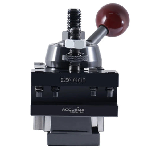 Eight Piece AXA Wedge Type Quick Change Tool Post Set For Lathes With Two Oversize Turning And Facing Holders, Solid Steel Lathe Tooling, Pro Grade Precision Lathe Tooling 0251-0118, detailed view of tool post.