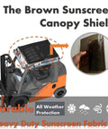 CHENGNAN forklift rain cover for up to 6000 lb; EVA-brown ultra-transparent canopy with rolled sides (front view).