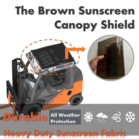 CHENGNAN forklift rain cover for up to 6000 lb; EVA-brown ultra-transparent canopy with rolled sides (front view).