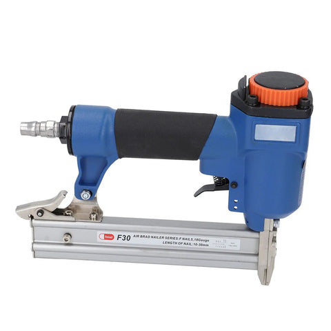 Pro Grade Pneumatic Brad Nailer 18 Gauge Air Powered Nail Gun For Woodworking Trim And Upholstery setup showcasing blue handle and nozzle.