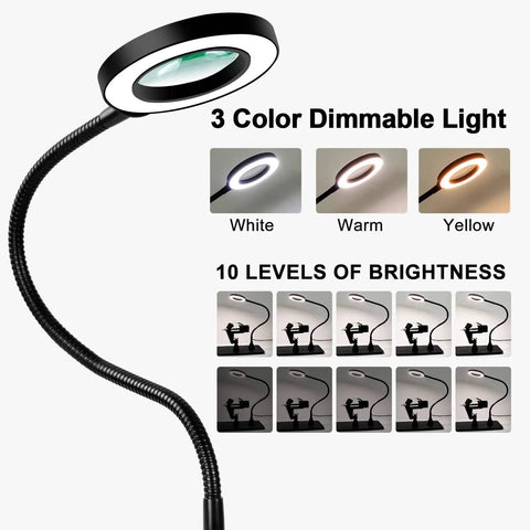 Heavy Duty Magnetic Soldering Third Hand With Three LED Magnifying Lamp showing color options and brightness levels