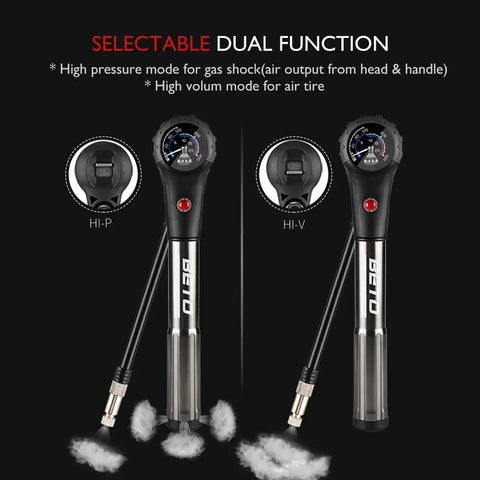 High Pressure MTB Tire And Shock Pump 300 PSI Dual Mode Dial Gauge for Rear Shock and Suspension Fork with Bleed Valve