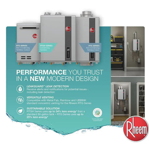 Rock Solid Outdoor Liquid Propane Tankless Water Heater With 8.4 Gpm Flow Delivers 180000 Btu Of Endless Hot Water For Whole House Use To Kick Cold Showers Straight To The Curb, display of RTG Series models and features.
