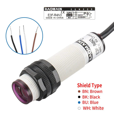 Retroreflective Photoelectric Sensor Switch E3F R4N3 DC 10 To 30V NPN No And NC Outputs 4 Meter Sensing Range M18 Thread Reflector Panel Included Plug And Play Industrial Automation Sensor For Easy Setup, M18 threaded body with 4-wire cable