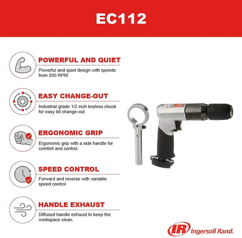 Half Inch Keyless Chuck Air Drill With Reversible Operation, 500 RPM, 0.5 HP, features and benefits overview with images.