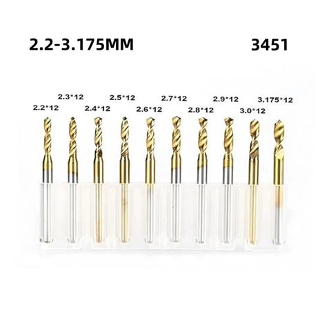 10 Piece PCB Drill Bit Set Pro Grade Mini Drills Kit Tungsten Steel Bits For PCB Boards CNC Router Use Multi Material Cuts Steel Aluminum Copper Plastic With Sharp Blades For Clean Accurate Holes Drop In Ready displayed in holder.