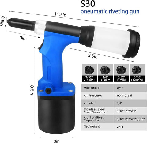 Pneumatic Blind Rivet Gun Kit With Self Priming Action Quick Change Nosepieces, dimensions specified, blue handle visible.