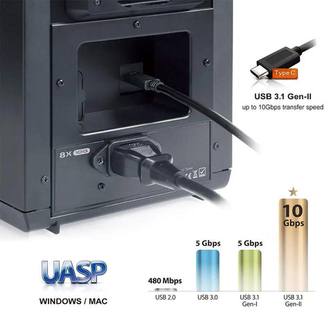 USB Type C connection on Top Shelf 8 Bay Hard Drive Enclosure Rock Solid Direct Attached Storage Box for fast data transfers.