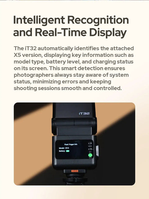 iT32 TTL Camera Flash With X5S Wireless Trigger display showing real-time status on dual device screen