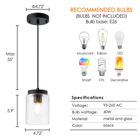 Industrial Mini Pendant Light Set With Bubble Seeded Glass Hanging Light Fixture For Kitchen Island, bulb options shown