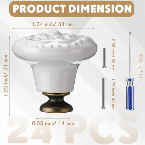 White Ceramic Cabinet Knobs And Pulls Set 24 Pack Retro Round Dresser Drawer Cupboard Handles With Screws In Two Sizes And Mini Screwdriver Perfect For Kitchen And Bathroom, Easy Install For A Fresh, Vintage Vibe dimensions diagram