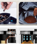 Hassle Free Mini Coffee Maker With Built In Bean Grinder And Glass Carafe showing coffee beans and ground coffee in the grinder.