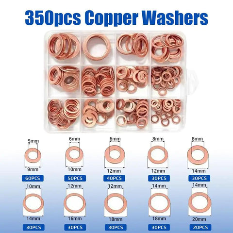 350 Piece Copper Washers Kit With Smooth Burr Free Seals Metric Sealing Crush Washers For Auto Plumbing And Machinery Durable Copper Washers Set With Standard Hole For Quick Installation, assorted sizes