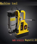 Pro Level Magnetic Drill Press With 1200 Watt Motor And Kickass 12000 Newton Suction Force To Lock Onto Steel And Crush Metals Smooth As Butter On Any Job Site Or Garage Workshop Bench Today, close-up of the drill.