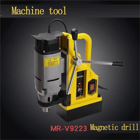 Pro Level Magnetic Drill Press With 1200 Watt Motor And Kickass 12000 Newton Suction Force To Lock Onto Steel And Crush Metals Smooth As Butter On Any Job Site Or Garage Workshop Bench Today, close-up of the drill.