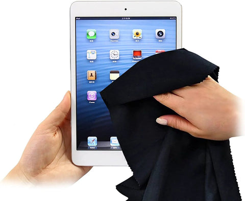 Extra-large black microfiber cleaning cloth (12x12 in) cleaning a tablet screen
