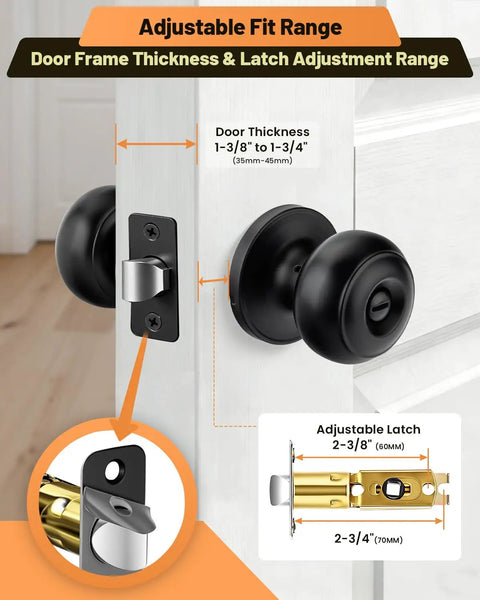 Black Privacy Door Knobs 10 Pack Keyless Interior Knobs For Bedroom And Bathroom With Emergency Release, shown on door
