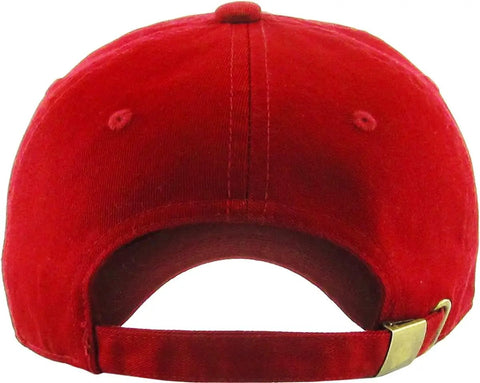 Back view of Red Unisex Adjustable Cotton Baseball Cap With Polo Style And Low Profile Fit Classic Dad Hat showing strap and buckle