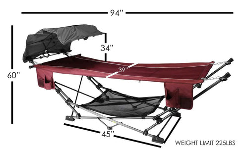 All In One Portable Folding Hammock With Metal Frame And Retractable Canopy Ideal For Camping Patio Or Backyard Chill Sessions Side Pockets