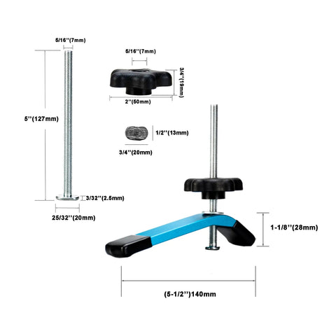 Blue T Track Clamps For Woodworking Set Of 4 Hold Down Clamps With 5 Inch Length And T Slot Bolts shown with measurements