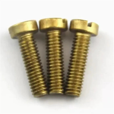 Top Shelf Brass Slotted Cheese Head Machine Screws Assortment Kit For Easy Diy Fixes And Reliable Electronics Work Heavy Duty Corrosion Resistant Hardware In Six Handy Sizes. Close-up of three brass slotted screws.